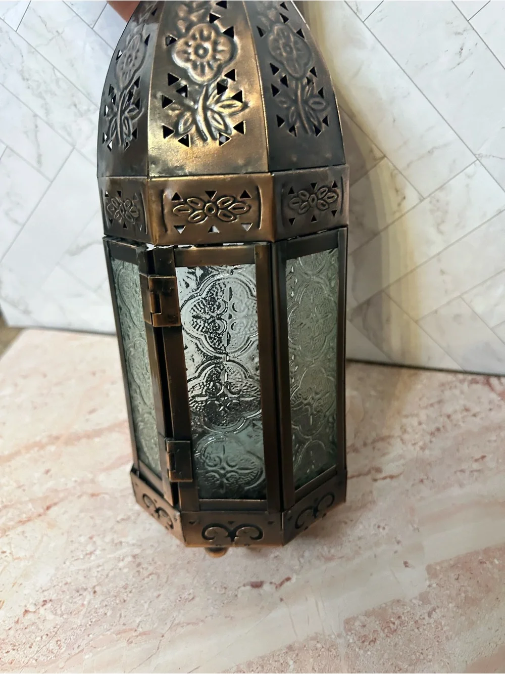 Antique- Moroccan Style Copper Lantern with Green Glass Panel